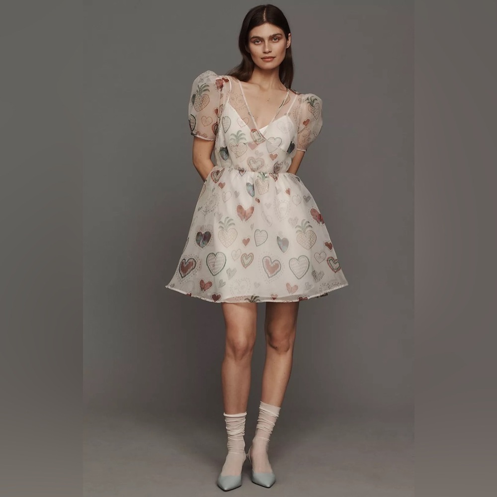 Farm Rio X Anthropologie Semi Sheer Puff Sleeve Mini Dress NWT Size XS Hearts